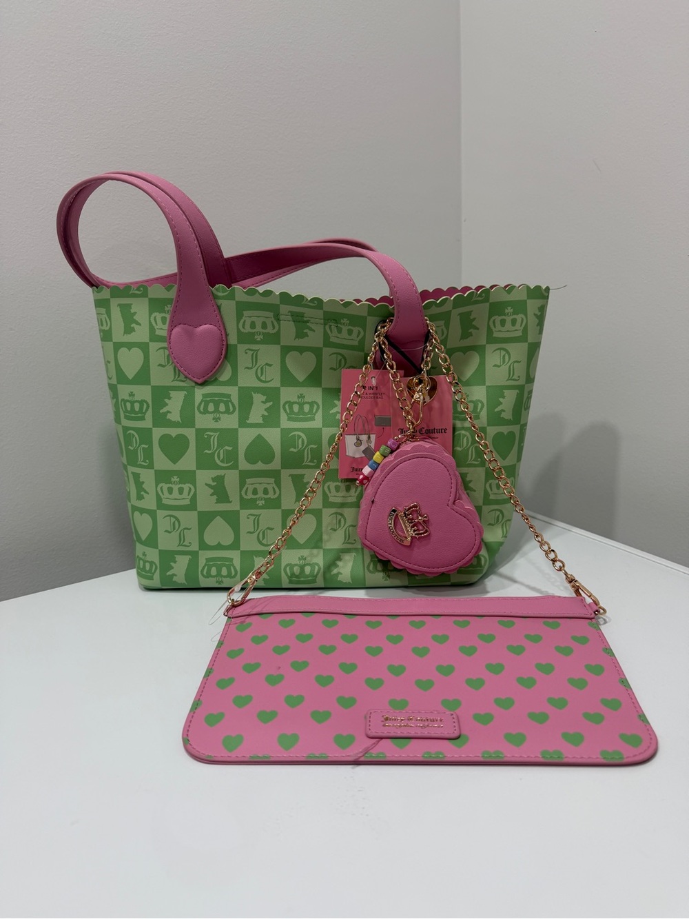 Juicy Couture Pink and Green Heart Tote & Pouch Set